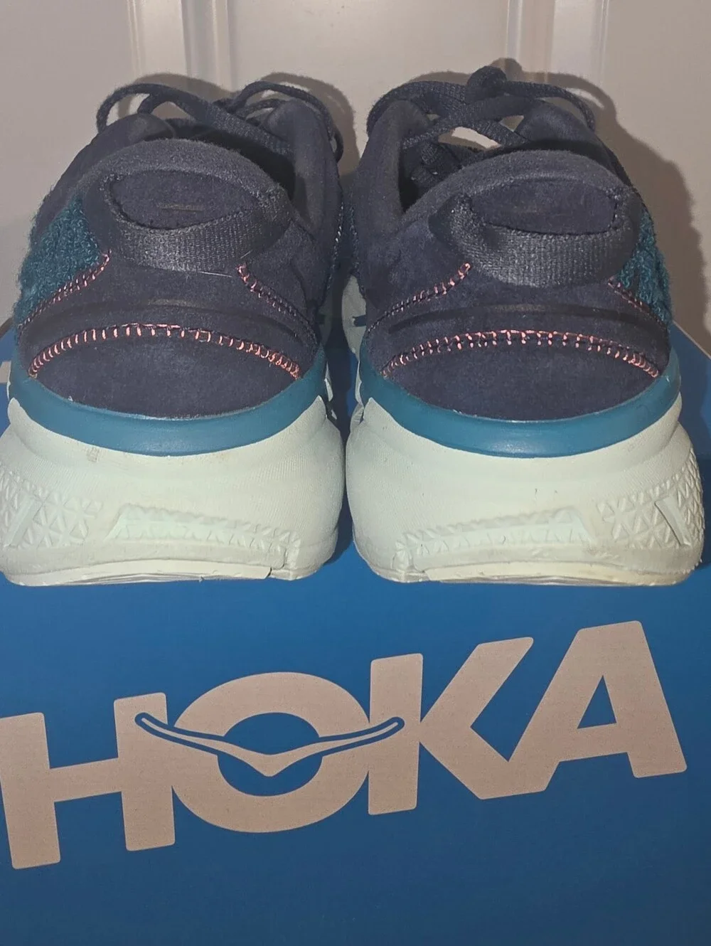HOKA U Clifton L in a Suede Navy Leather and Mint Lightweight Running Shoes